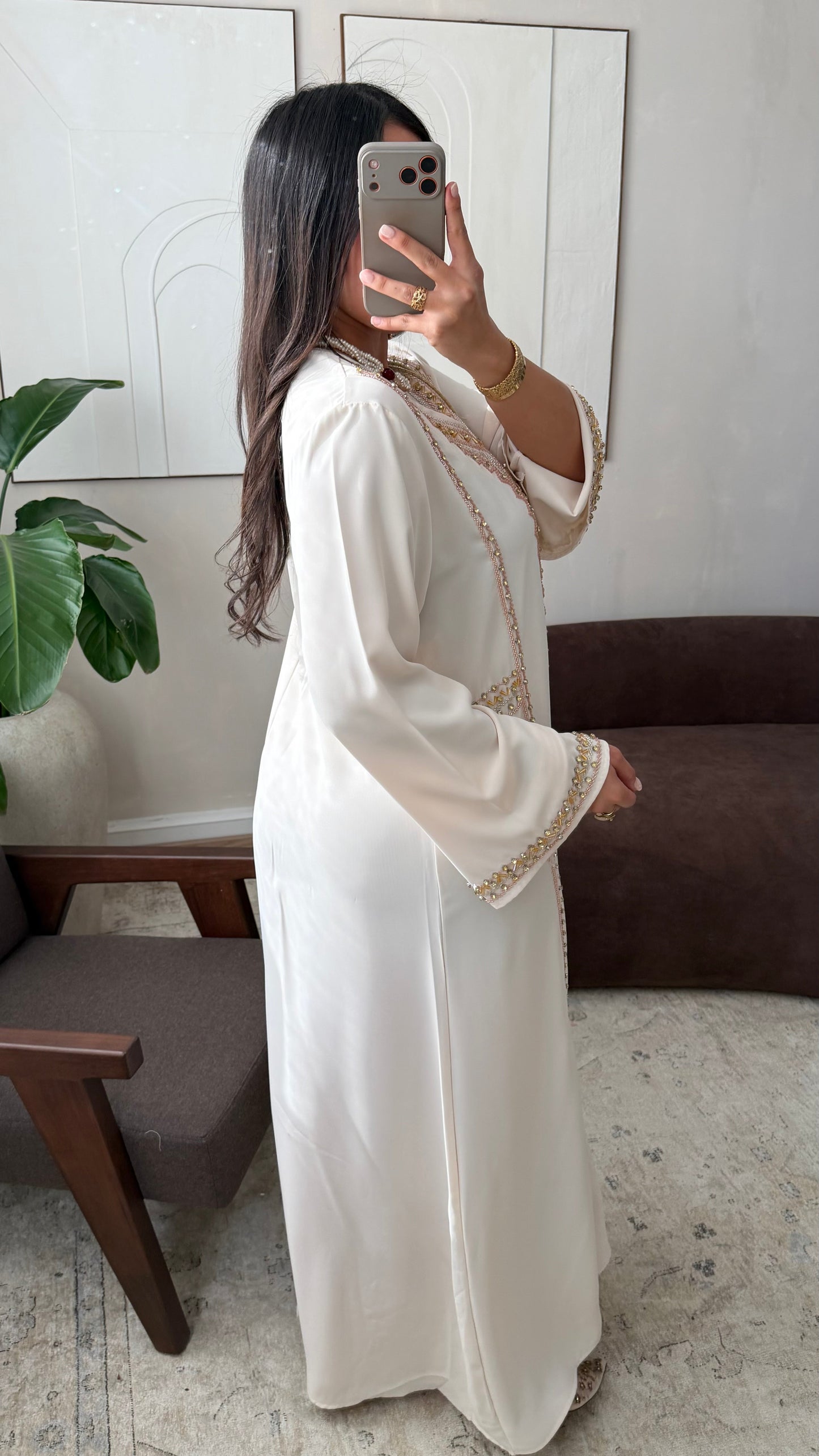 Caftan Fluide Perle A La Main I Ecru