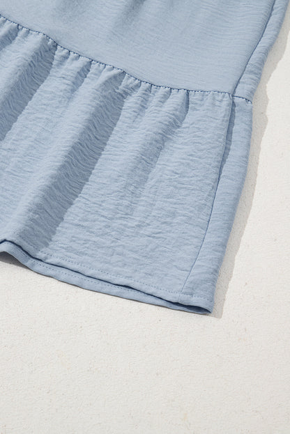 Beau Blue Shirt Collar Button Up Short Puff Sleeve Tiered Shift Dress