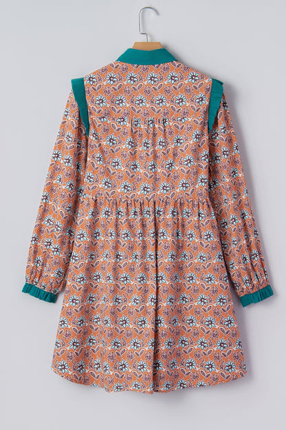Orange Boho Floral Contrast Collared Shirt Mini Dress