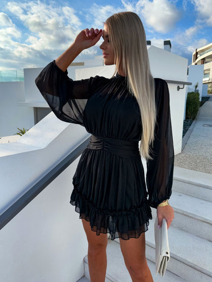 Women's Solid Color Chiffon Waist Shirring Dress