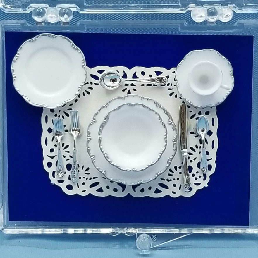 Single White Place Setting with Silver Trim - Plastic - 1/12 Scale Miniature