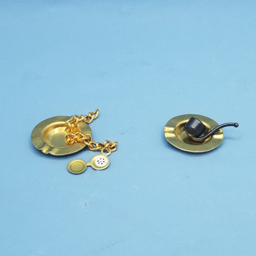 Smoking Set - Pipe, Ashtray, Pocket Watch - 1/12 Scale Dollhouse Miniature