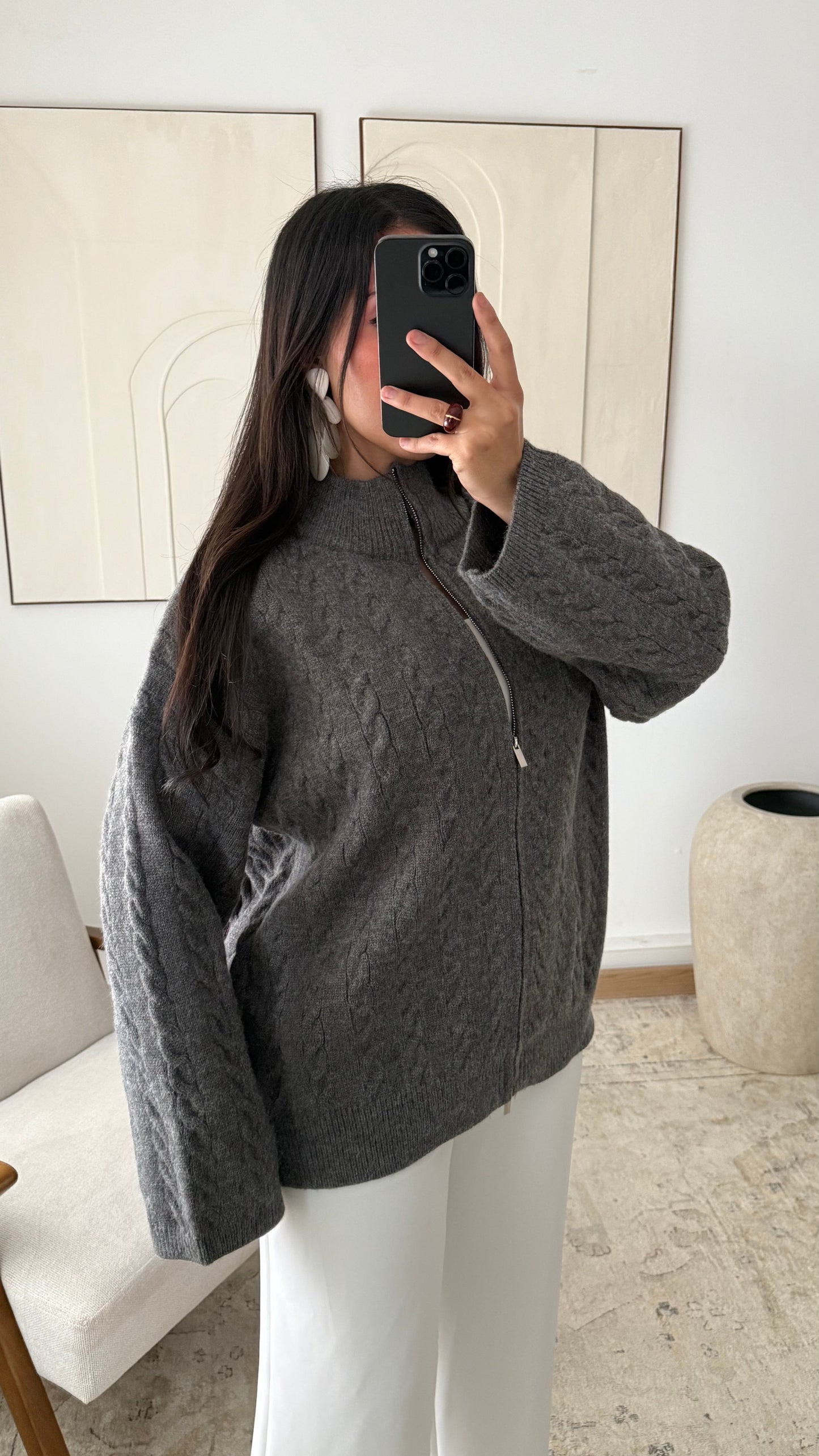 Gilet A Zip Grosse Maille Torsade I Gris 1