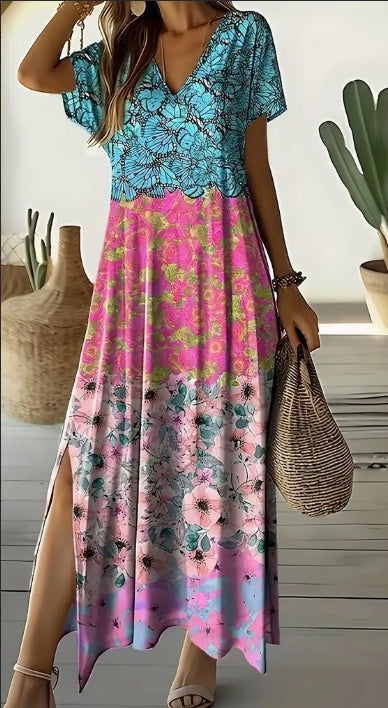 Floral Print V-neck Dress - Vacation Style Short Sleeve A-line Split Hem Dress For Spring & Summer - Women's Clothing - For Women - Perfect For Casual Outings, Beach Vacations & Summer Parties - Ideal