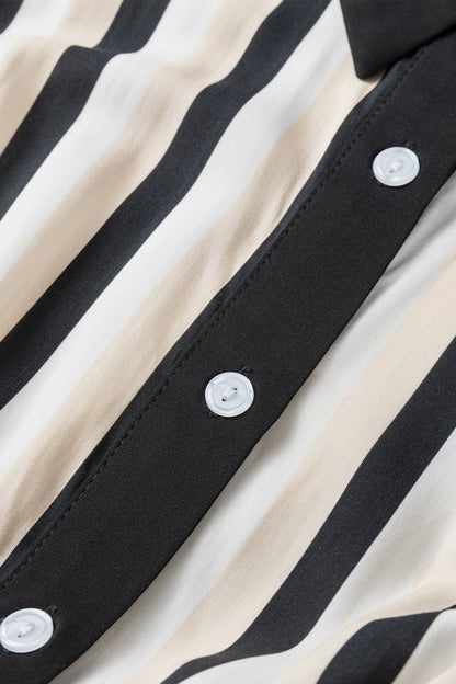 Black Stripe 3/4 Puff Sleeve Shirt Style Button Down Midi Dress