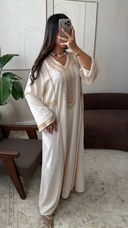 Caftan Fluide Perle A La Main I Ecru