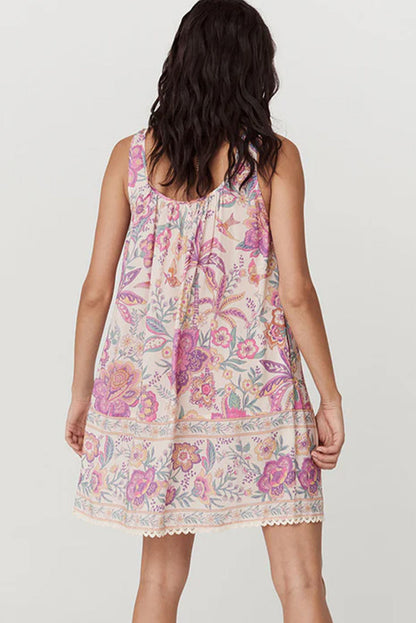 Multicolour Floral Print Fringed Tie U Neck Sleeveless Mini Dress
