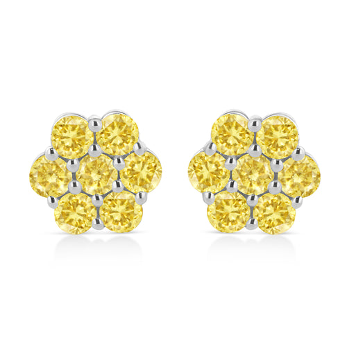 .925 Sterling Silver 1/4 Cttw Treated Yellow Diamond Floral Stud Earrings (Yellow Color, I1-I2 Clarity)