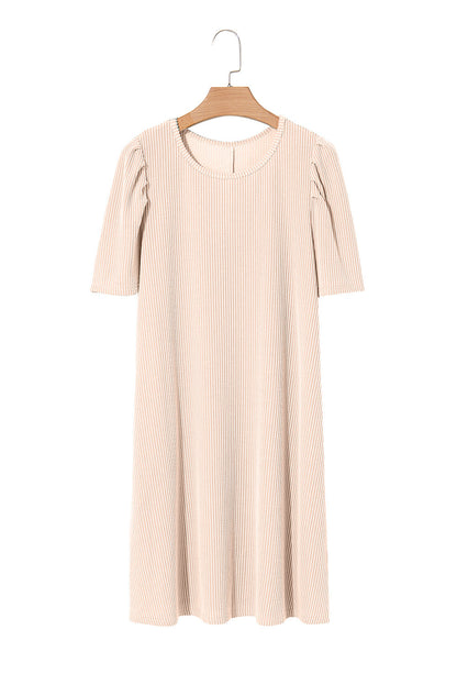 Bright Pink Corded Crew Neck Puff Sleeve Mini Dress
