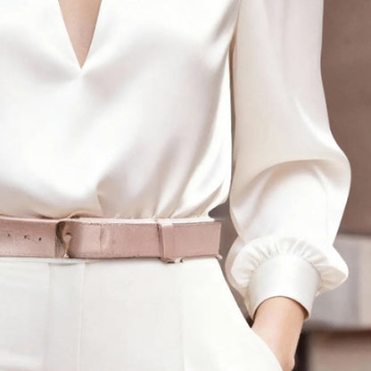 Women’s Satin V-Neck Long Sleeve Top – Slim Fit Solid Color Blouse