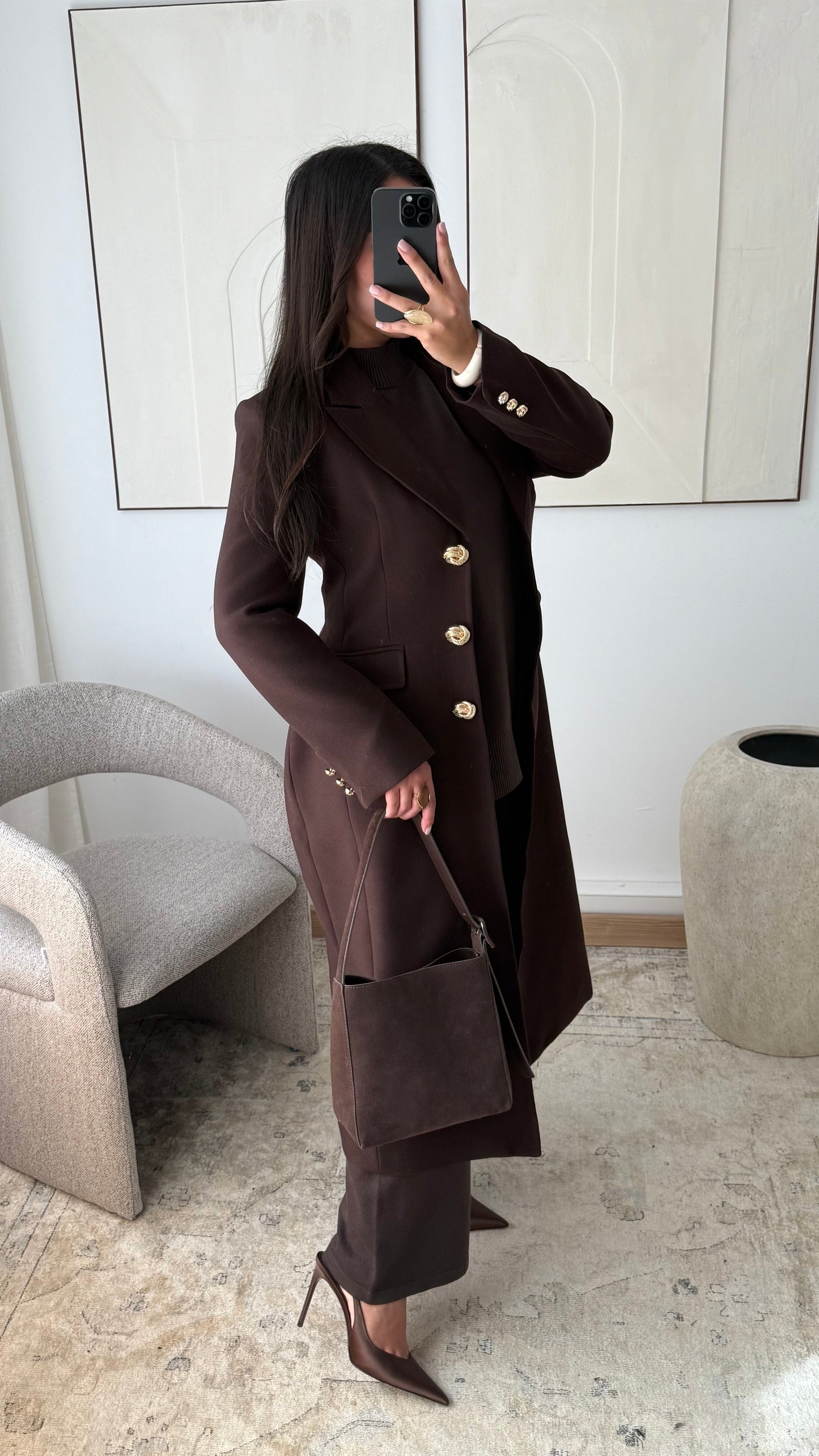 Manteau Long Cintre A Boutons Dores Azalees I Chocolat