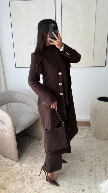 Manteau Long Cintre A Boutons Dores Azalees I Chocolat