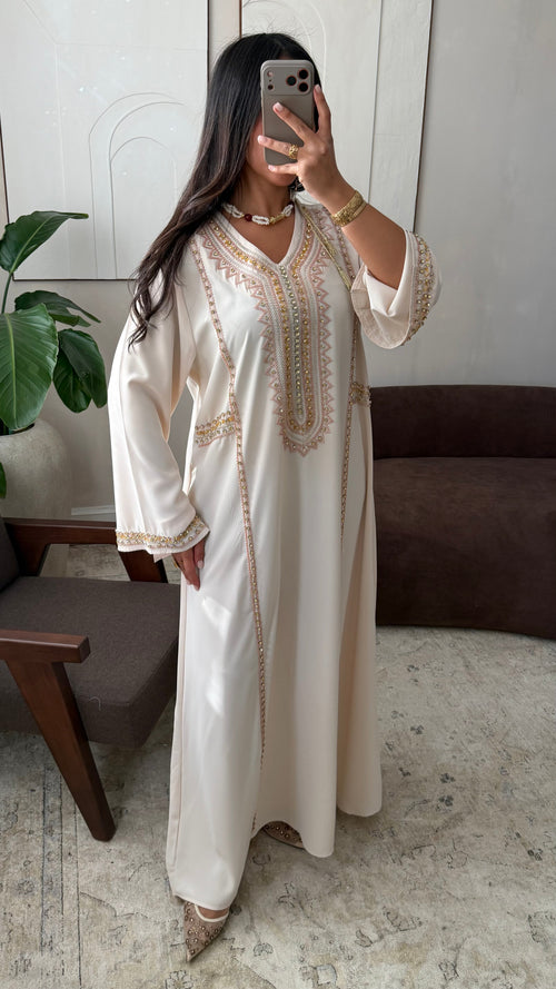 Caftan Fluide Perle A La Main I Ecru