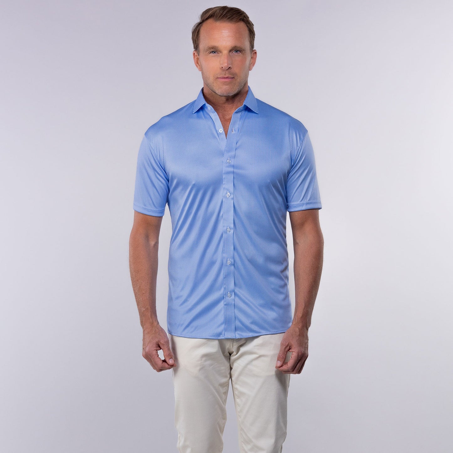 Quattro Flex Short Sleeve Button Down Blue Houndstooth