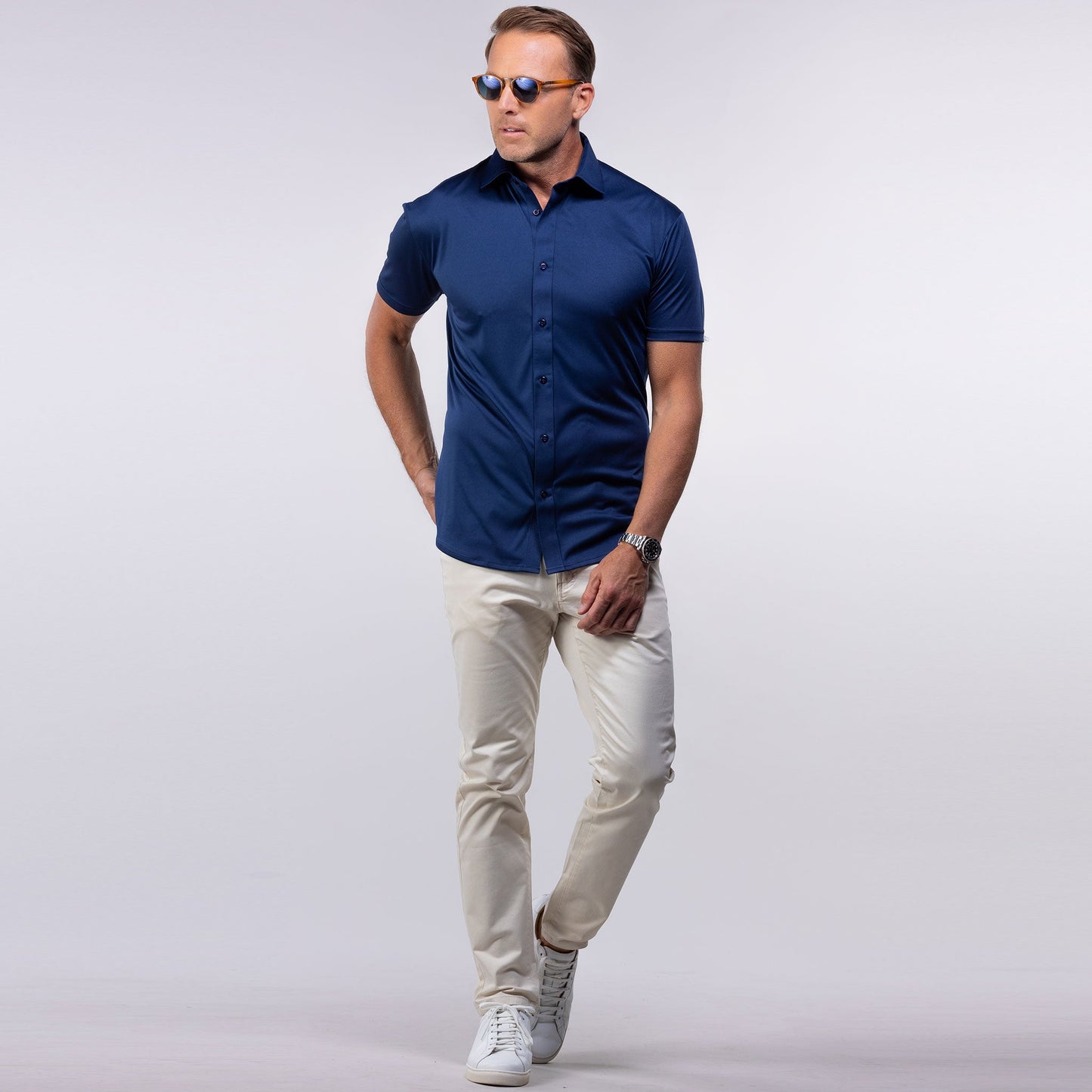 Quattro Flex Short Sleeve Button Down Navy