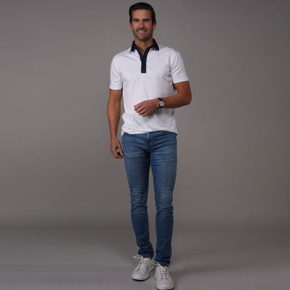 Semi-Spread Collar Polo Austin White with Navy Accent