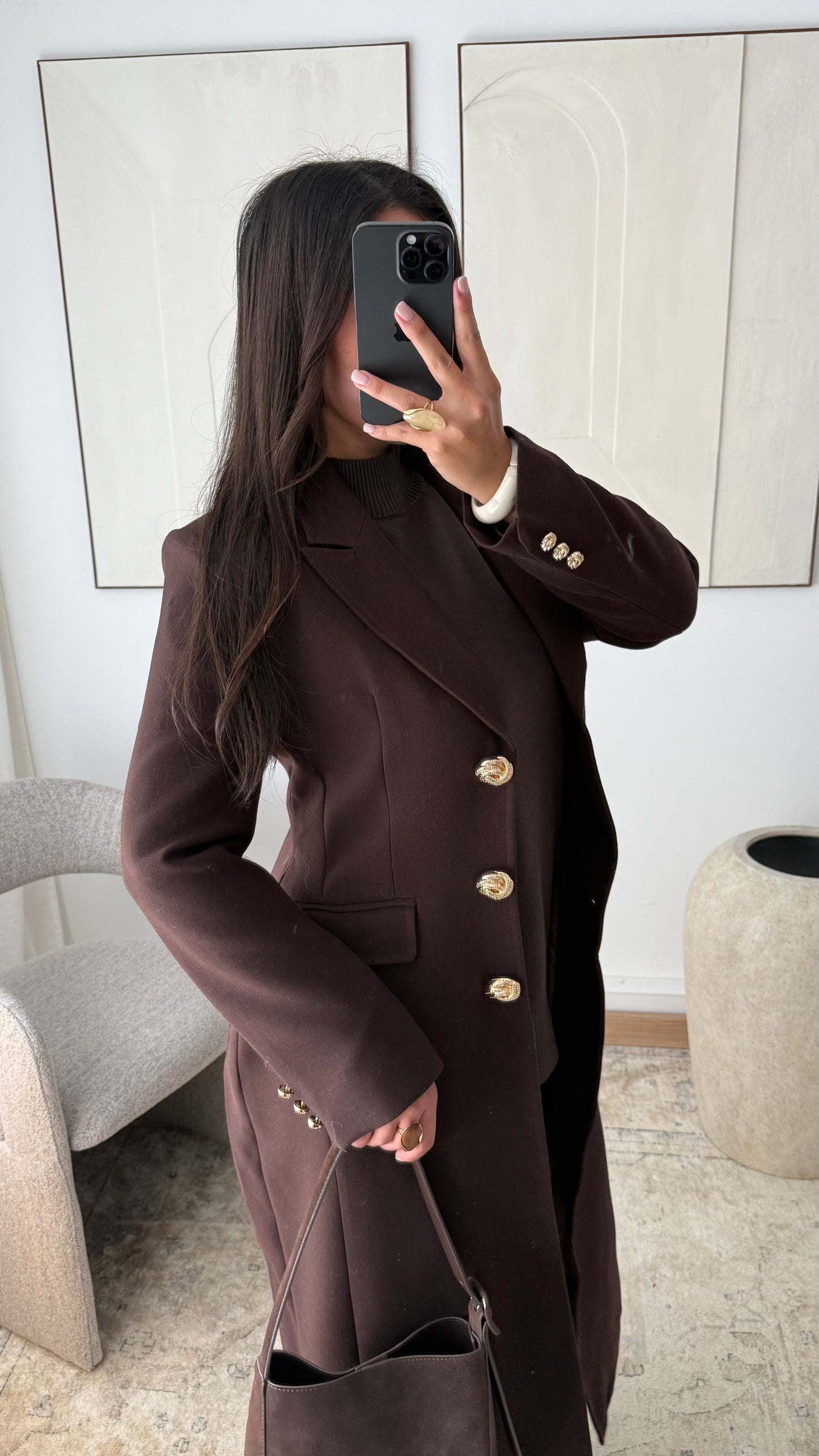 Manteau Long Cintre A Boutons Dores Azalees I Chocolat