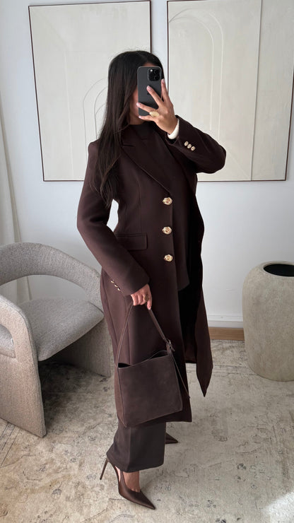 Manteau Long Cintre A Boutons Dores Azalees I Chocolat