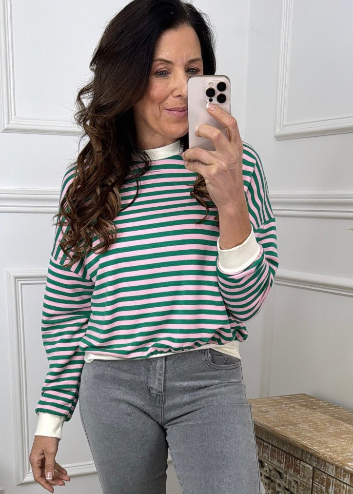 Mirelle Green And Pink Stripe Sweatshirt