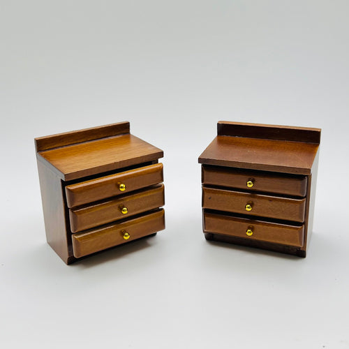 Pair of Walnut Nightstand with 3 Drawers - 1/12 Scale Dollhouse Miniature