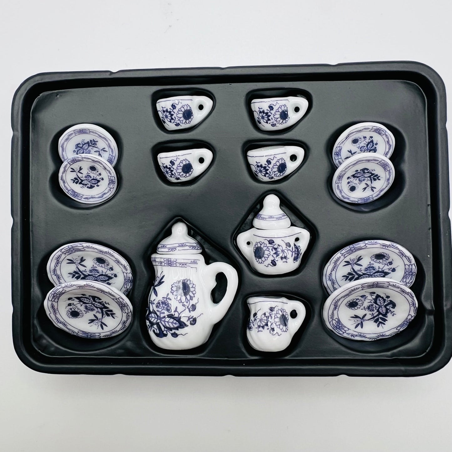 Ceramic Blue Pattern Tea Set - 17 Pieces - 1/12 Scale Dollhouse Miniature