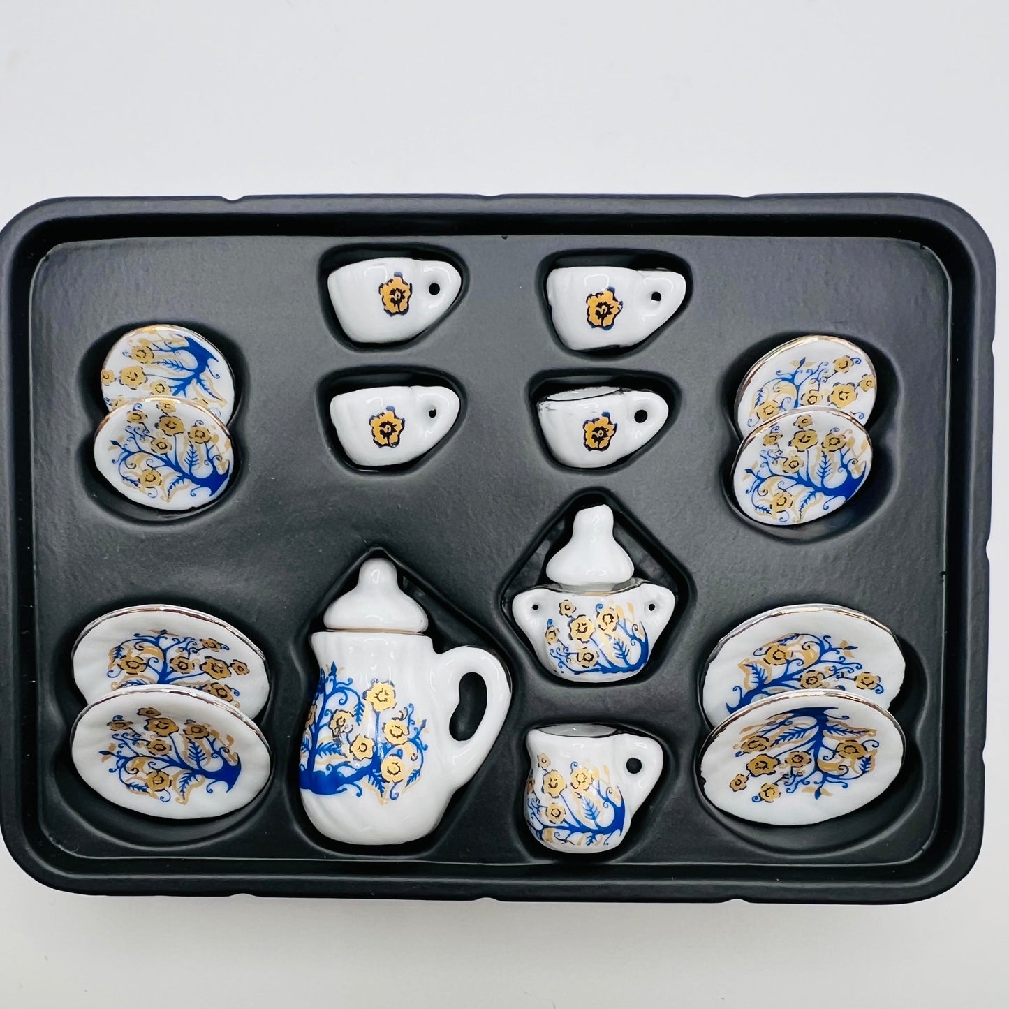Ceramic Blue/Gold Pattern Tea Set - 17 Pieces - 1/12 Scale Dollhouse Miniature