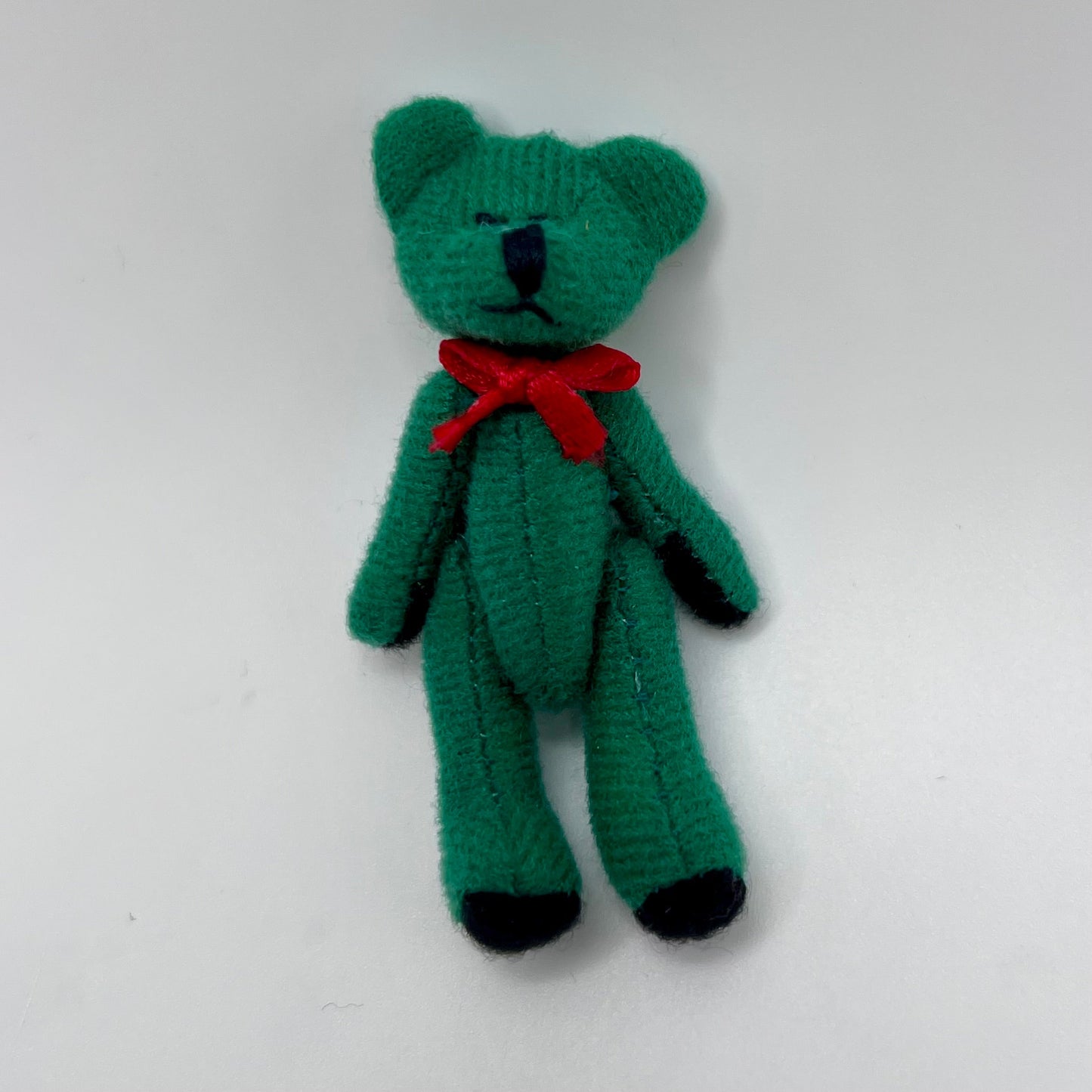 Green Teddy Bear With Red Bow - 1/12 Scale Dollhouse Miniature