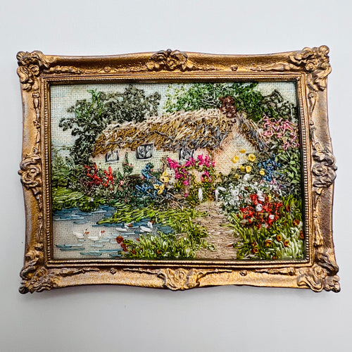 Embroidery Framed - Thatched Cottage with Ducks - 1/12 Scale Dollhouse Miniature