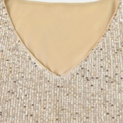Women‘s Summer Fashion Deep V Neck Sequined Tank Top Stylish Sleeveless Polyester Top Sparkly Club Party Vest Blouses