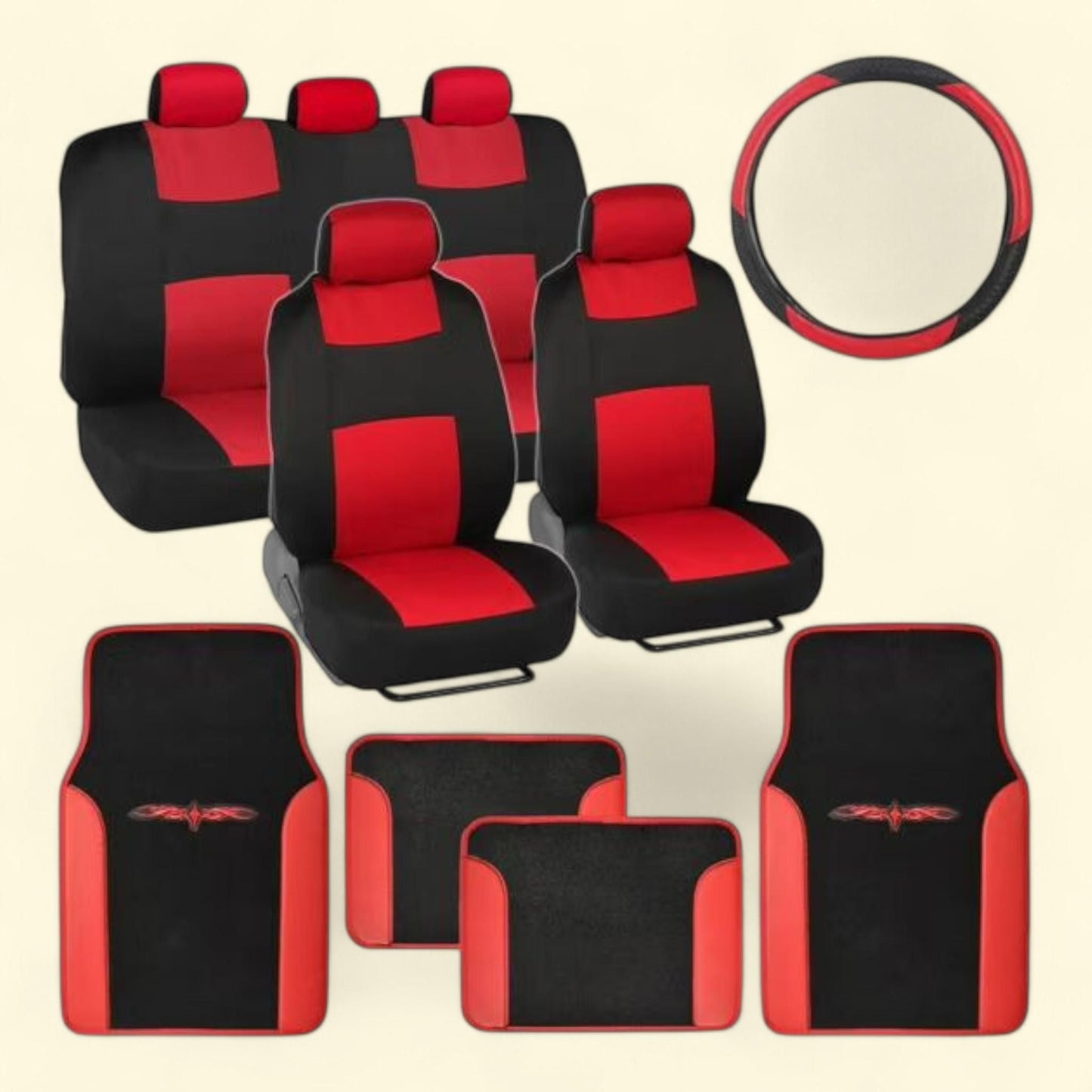 BDK PolyCloth Car Seat Covers with Floor Mats and Steering Wheel Cover, Full Set