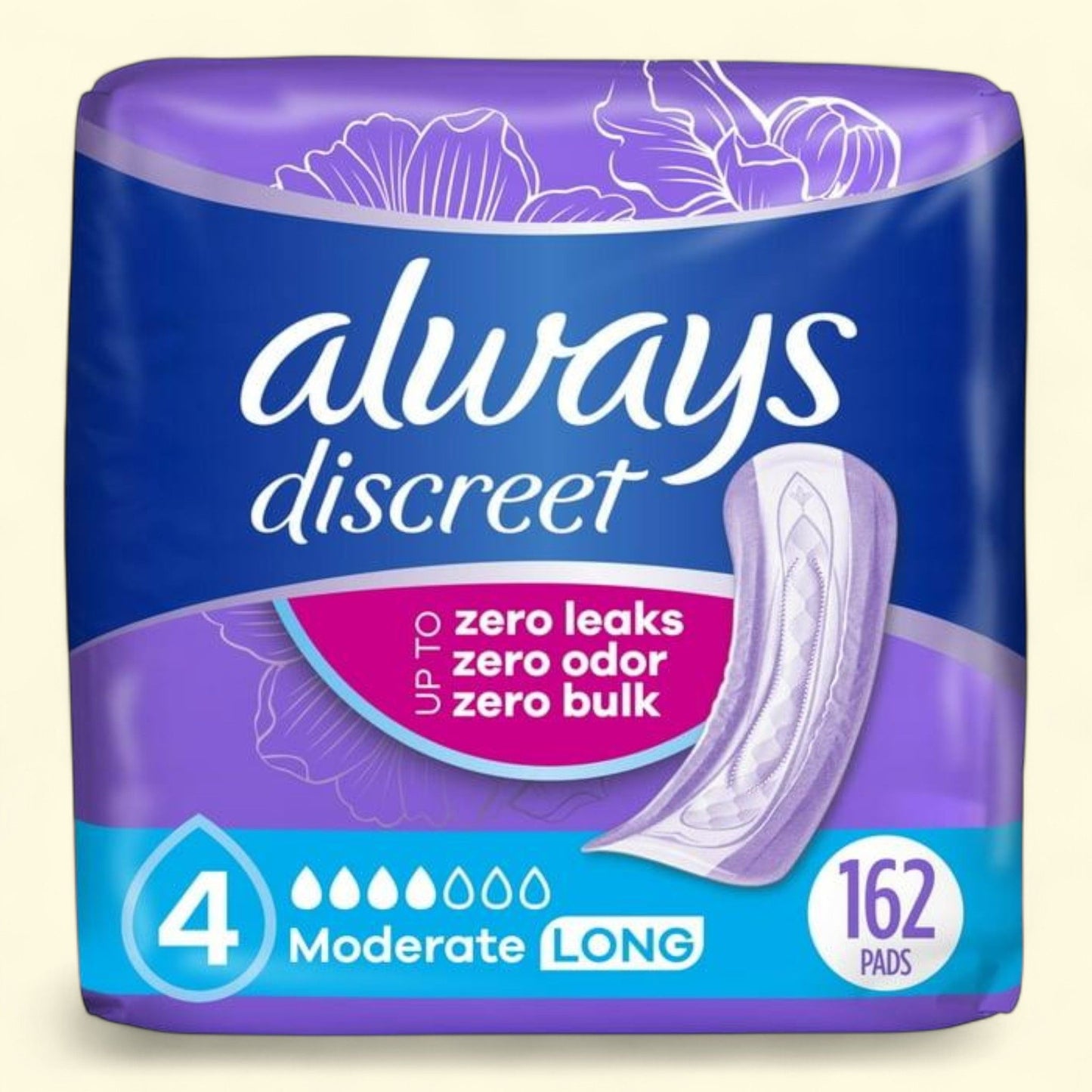 Always Discreet Incontinence Pads, Moderate Absorbency, Long Length, 162 CT