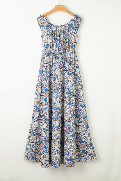 Blue Boho Paisley Print Off Shoulder Maxi Dress