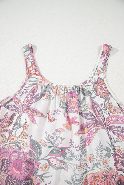Multicolour Floral Print Fringed Tie U Neck Sleeveless Mini Dress