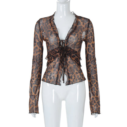 European And American Fashion Sexy Mesh See-through Cardigan Lace-up T-shirt