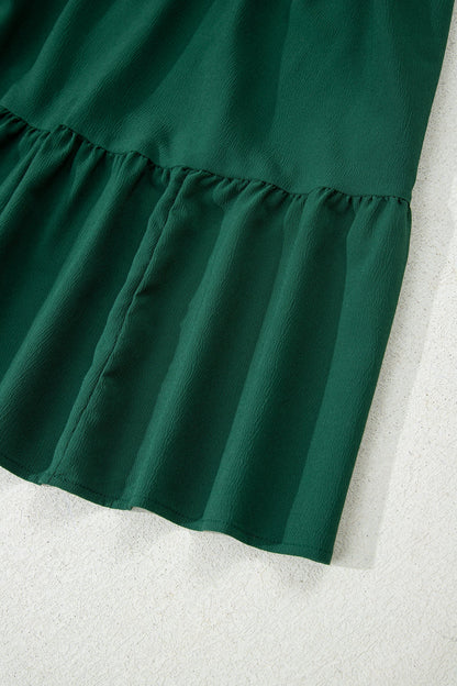 Blackish Green Solid Long Sleeve Button V Neck Tiered Maxi Dress