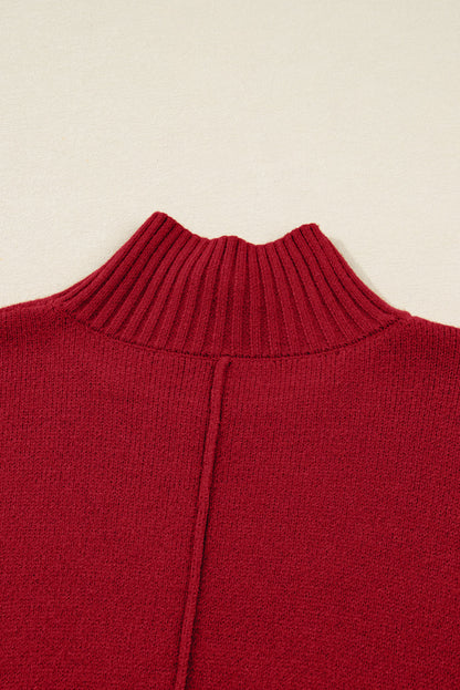 Chestnut Ribbed High Neck Front Pockets Center Seam Shift Sweater Dress